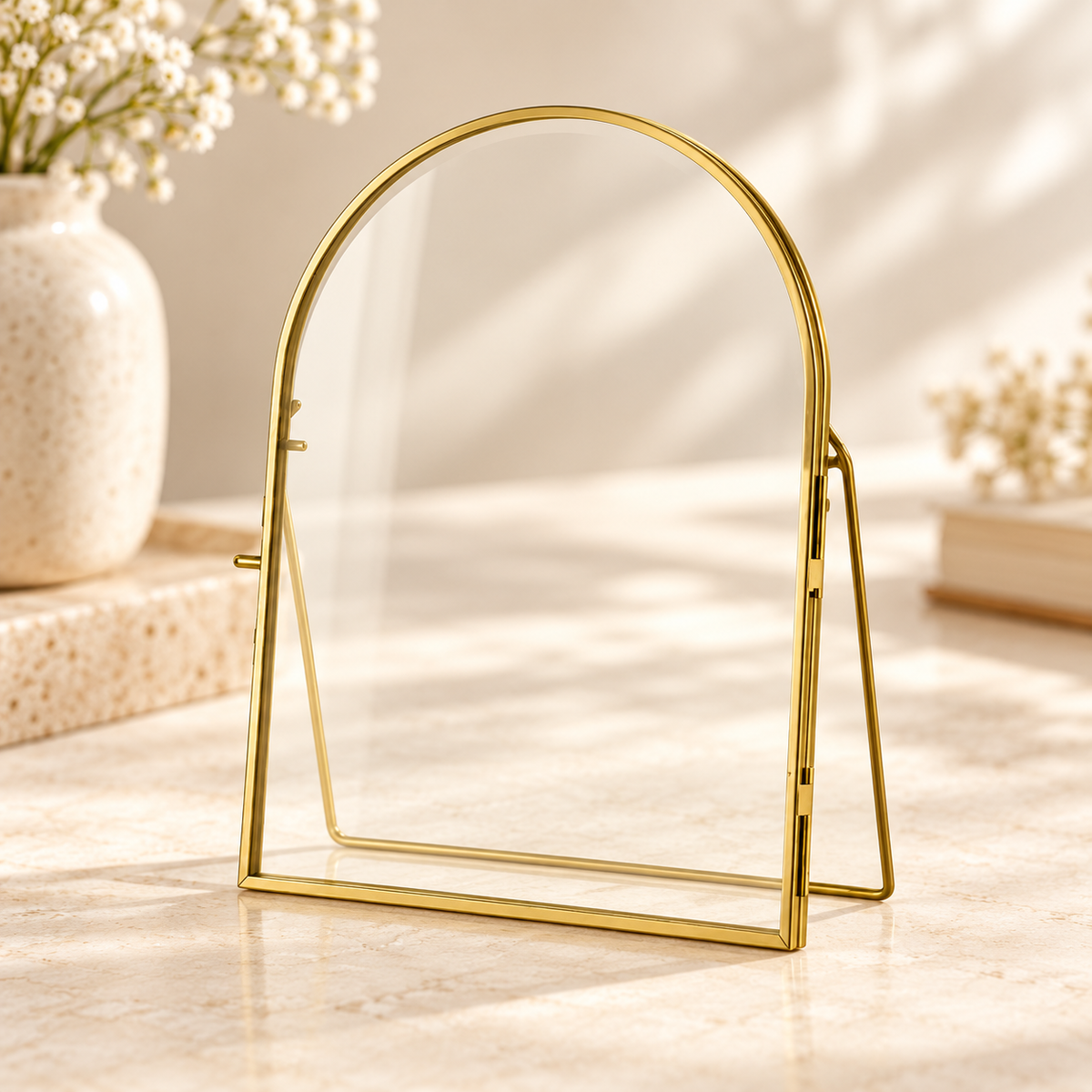 Gold arched glass frame for displaying pressed flowers, shown empty on a neutral tabletop.