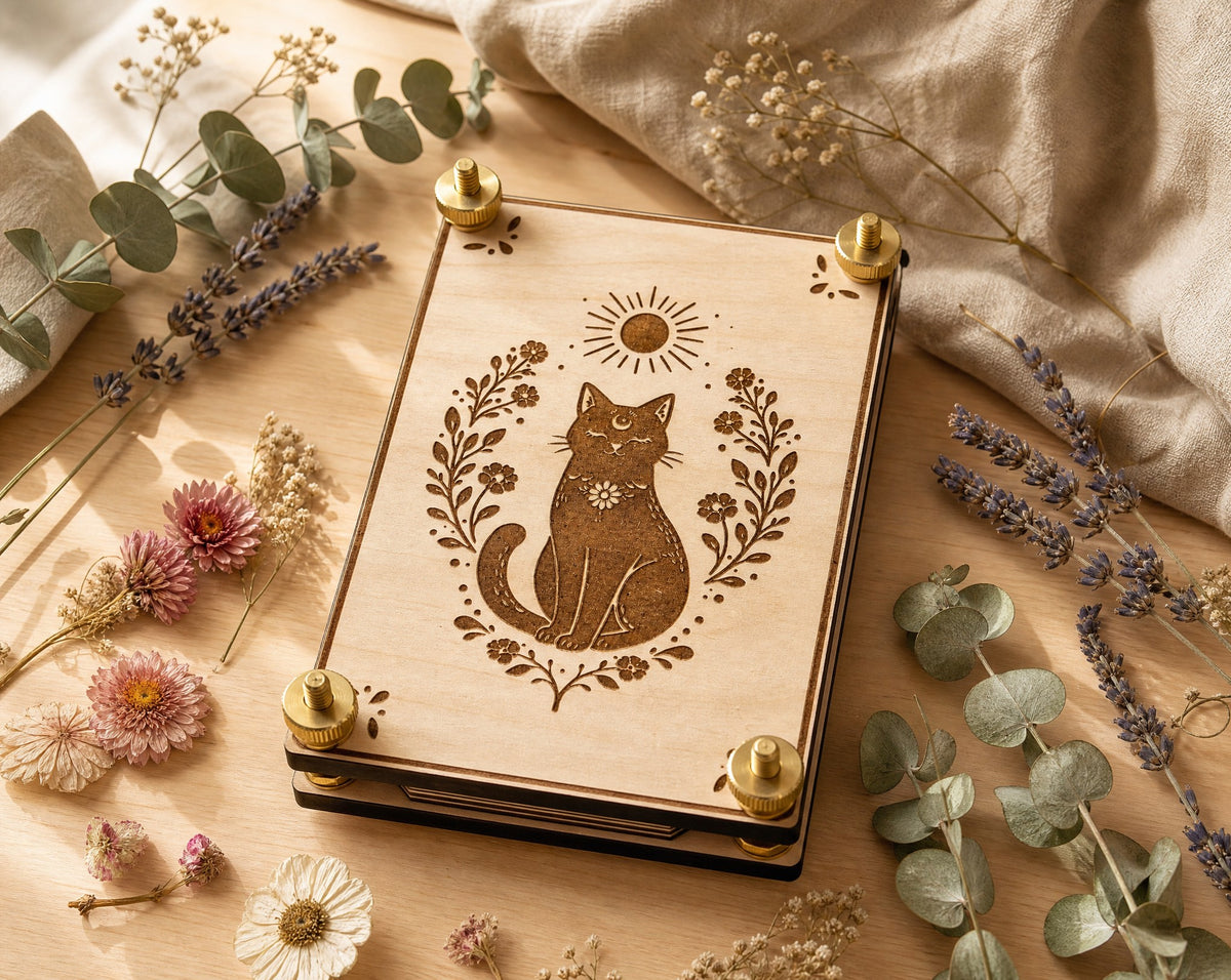 Handcrafted wooden flower press featuring an engraved black cat surrounded by delicate botanical florals and a sun motif. Finished with brass hardware and styled against soft natural linen, dried lavender, eucalyptus, and pressed flowers on a warm wooden surface.