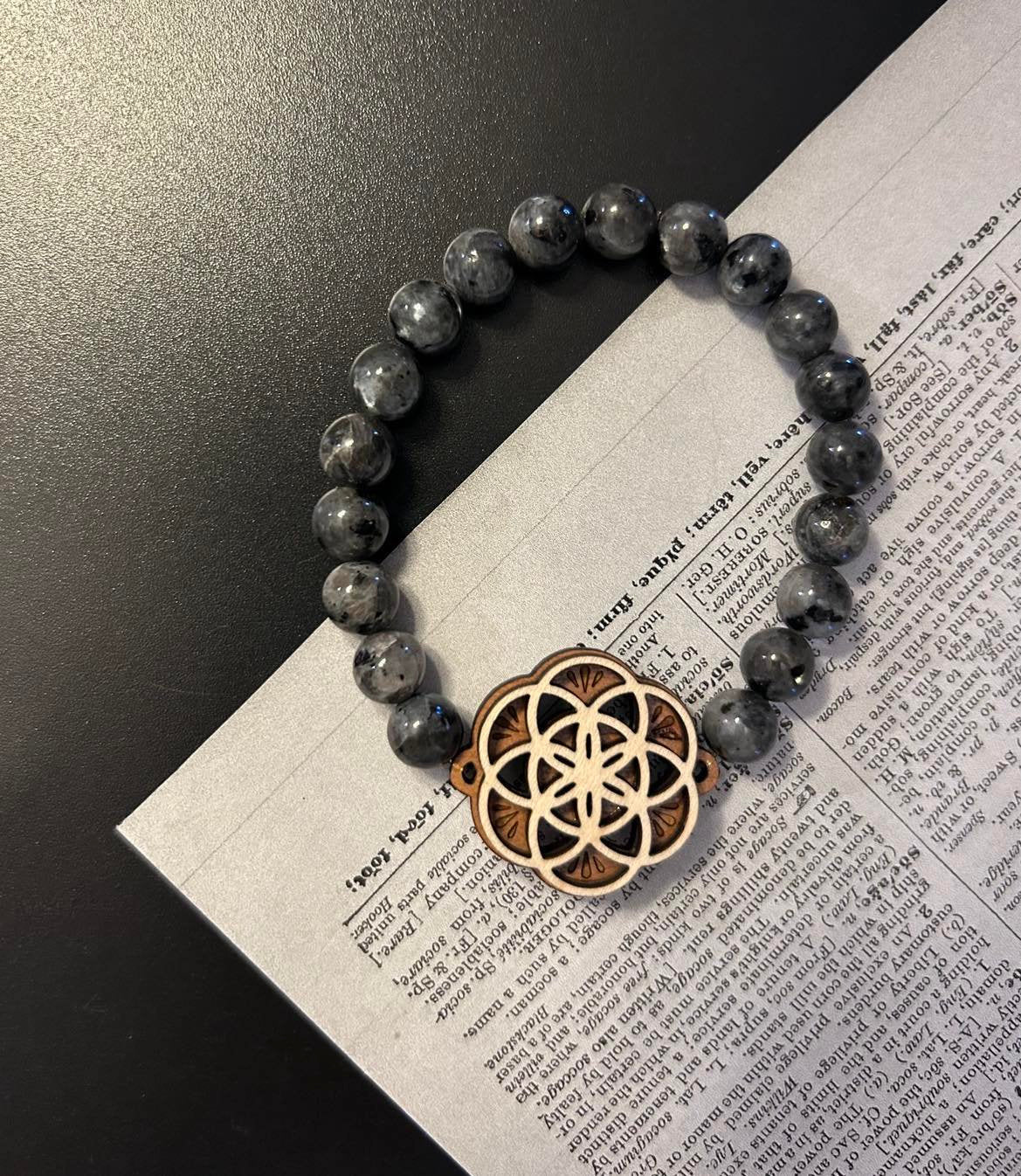 Labradorite Bracelet with Sacred Geometry  Handmade Stretch Bracelet with Laser Cut Wood Charm