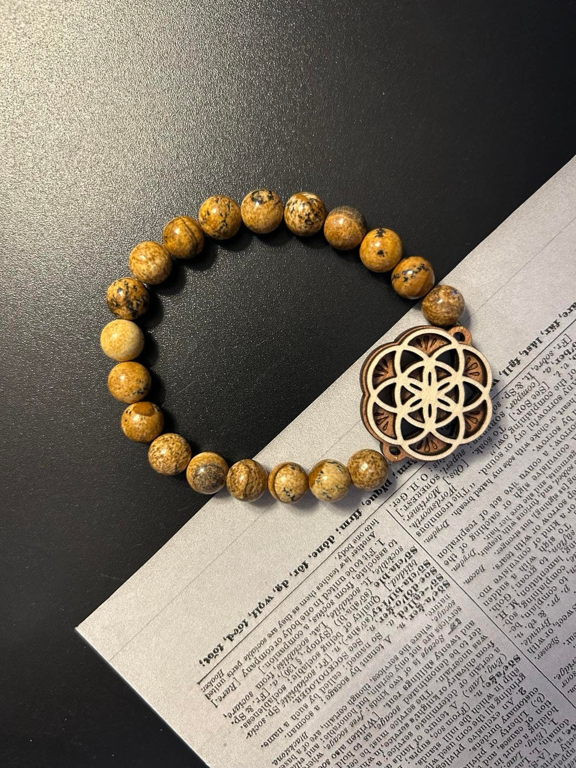 Sacred Geometry 8mm Picture Jasper Bracelet