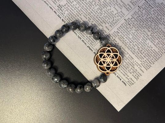 Labradorite Bracelet with Sacred Geometry  Handmade Stretch Bracelet with Laser Cut Wood Charm