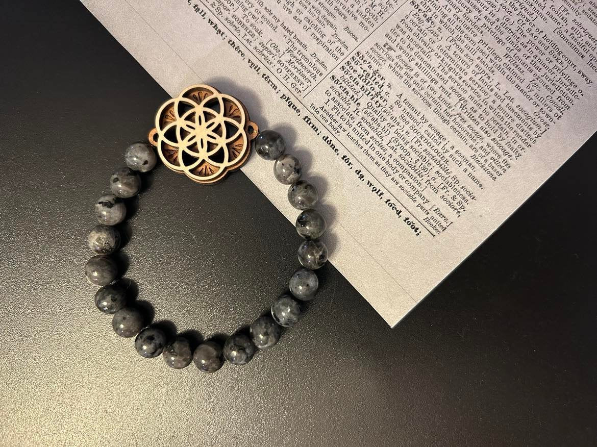 Labradorite Bracelet with Sacred Geometry  Handmade Stretch Bracelet with Laser Cut Wood Charm