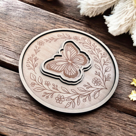 Layered Wooden Butterfly Trinket Tray | Boho Floral Catchall | Nature Decor | Wood Jewelry Dish | Gift for Her | Butterfly Decor | Nested