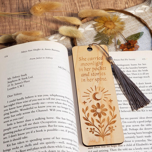 Wooden Bookmark  "She Carried Moonlight" Quote, Laser Engraved Floral Celestial Bookmark for Women