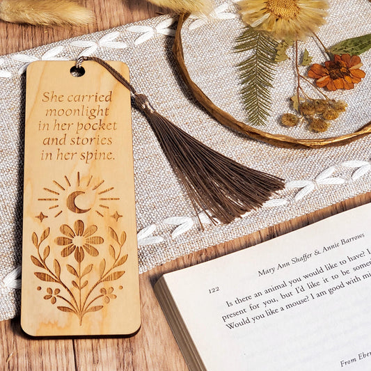 Wooden Bookmark  "She Carried Moonlight" Quote, Laser Engraved Floral Celestial Bookmark for Women