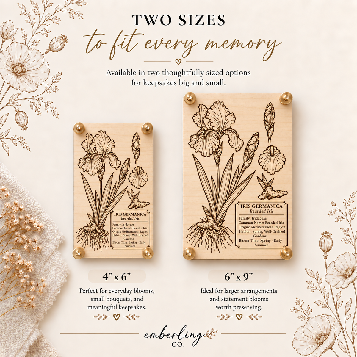 Iris Germanica botanical flower press shown in 4x6 and 6x9 sizes with engraved bearded iris design and brass hardware.