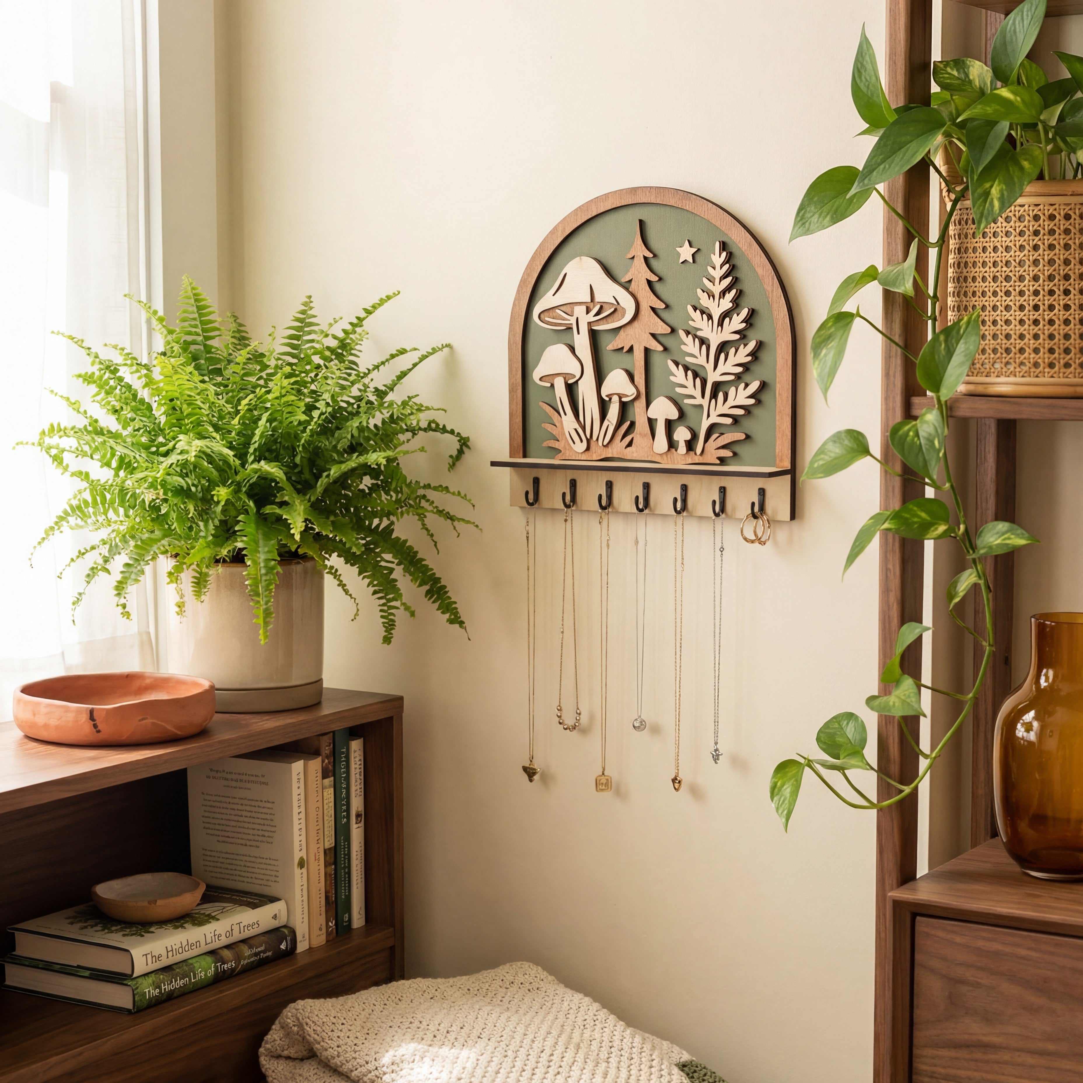 Laser-cut wooden wall jewelry holder with mushroom, pine tree, and fern design, holding necklaces on black hooks.