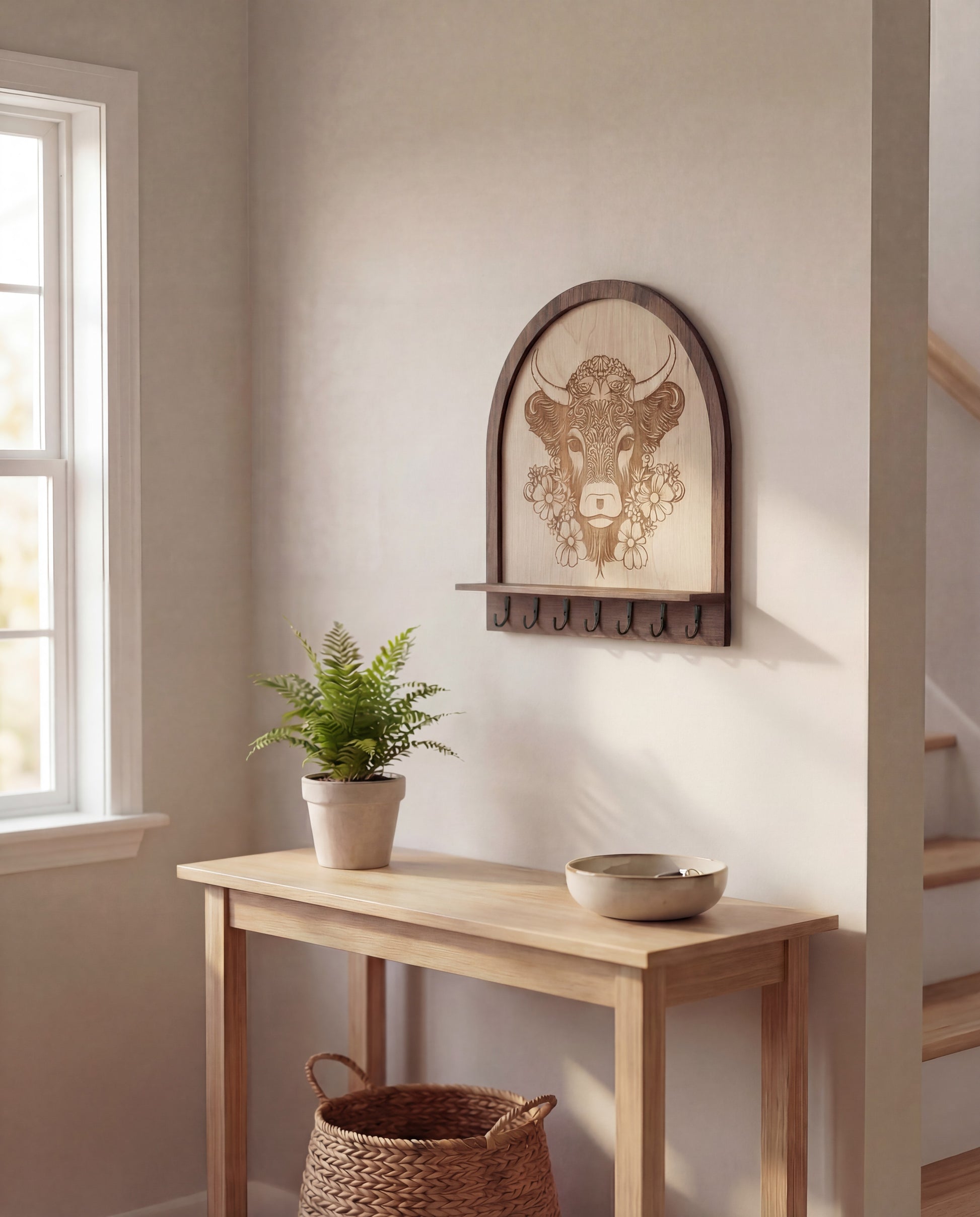 Wide view of a laser engraved floral highland cow wood wall organizer with shelf and hooks, styled above a simple entryway console table with a potted fern in soft natural light.