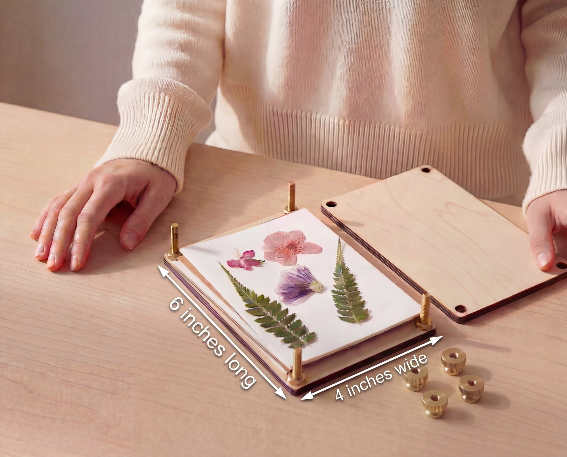 Handmade 4x6 maple wood flower press shown open with pressed flowers and fern, brass bolts and knurled thumb nuts beside it, with size labeled 6 inches long and 4 inches wide.