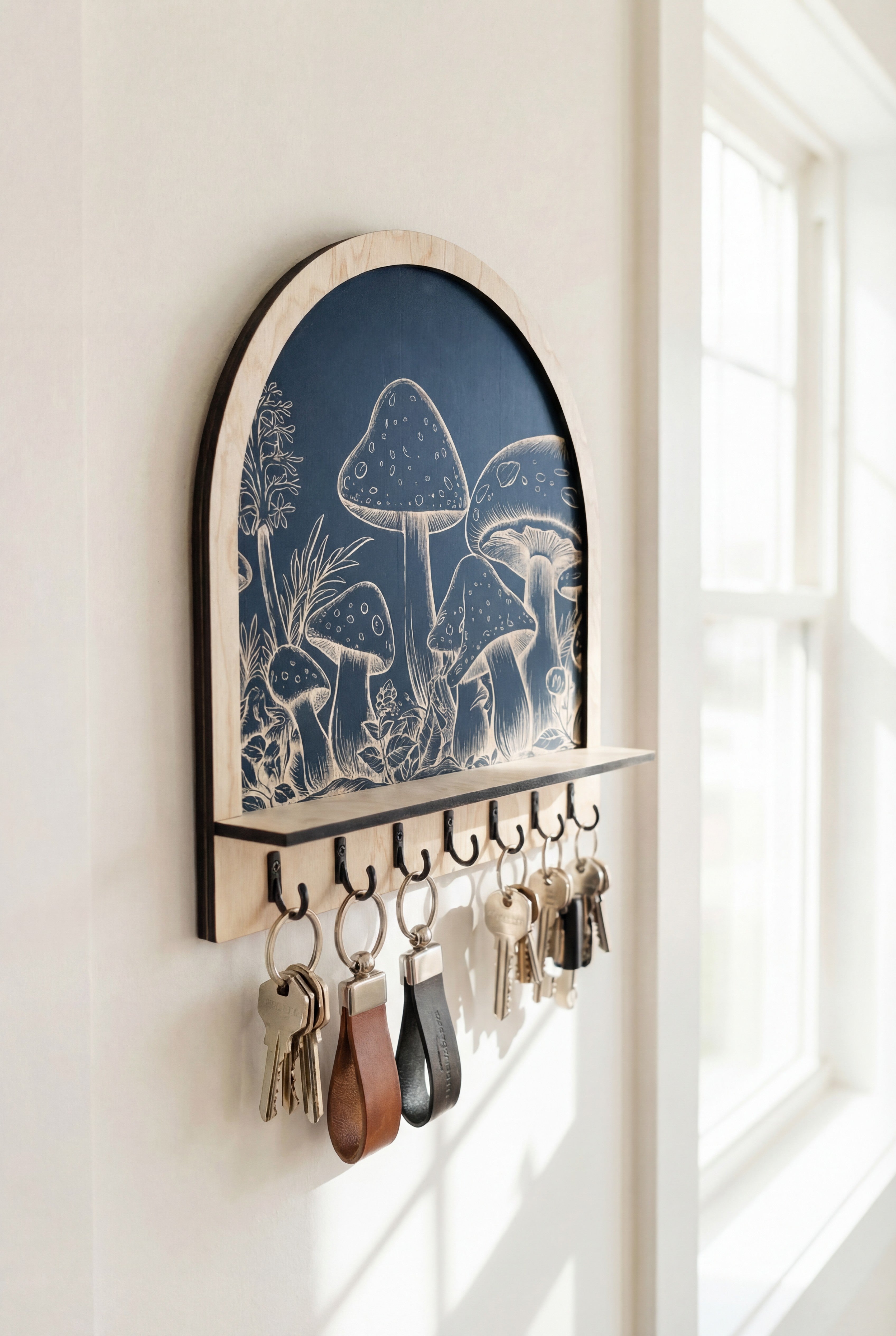 Close-up of an arched wooden wall key holder with engraved mushroom artwork and black hooks holding keyrings, photographed in bright natural window light.