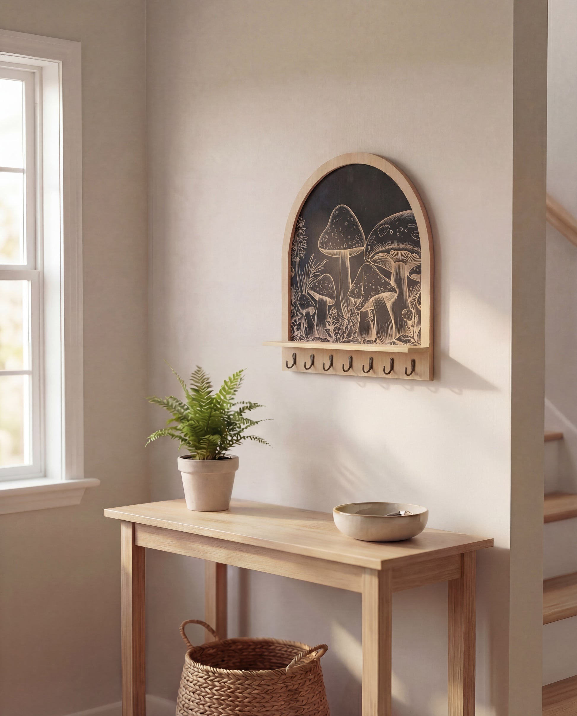 Arched wooden wall key holder and jewelry organizer with engraved mushroom design and black hooks, mounted above an entryway table in soft natural light.