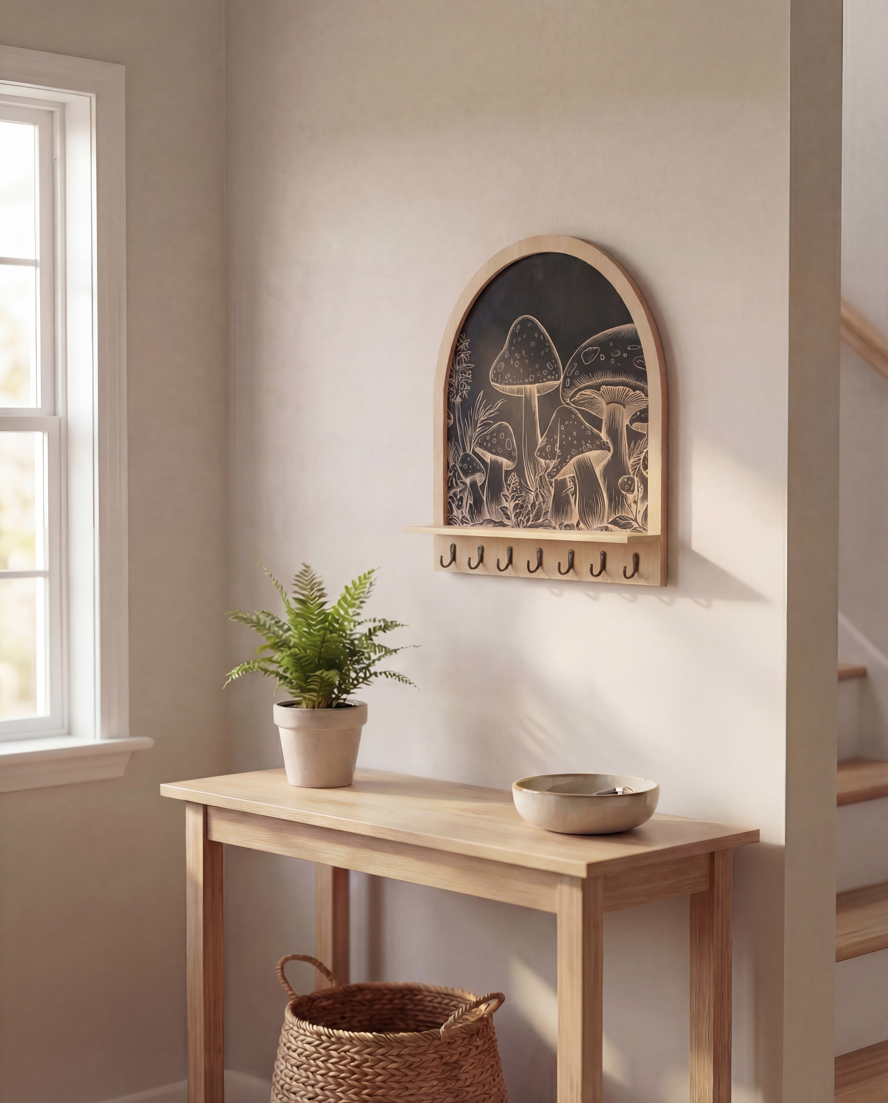 Arched wooden wall key holder and jewelry organizer with engraved mushroom design and black hooks, mounted above an entryway table in soft natural light.