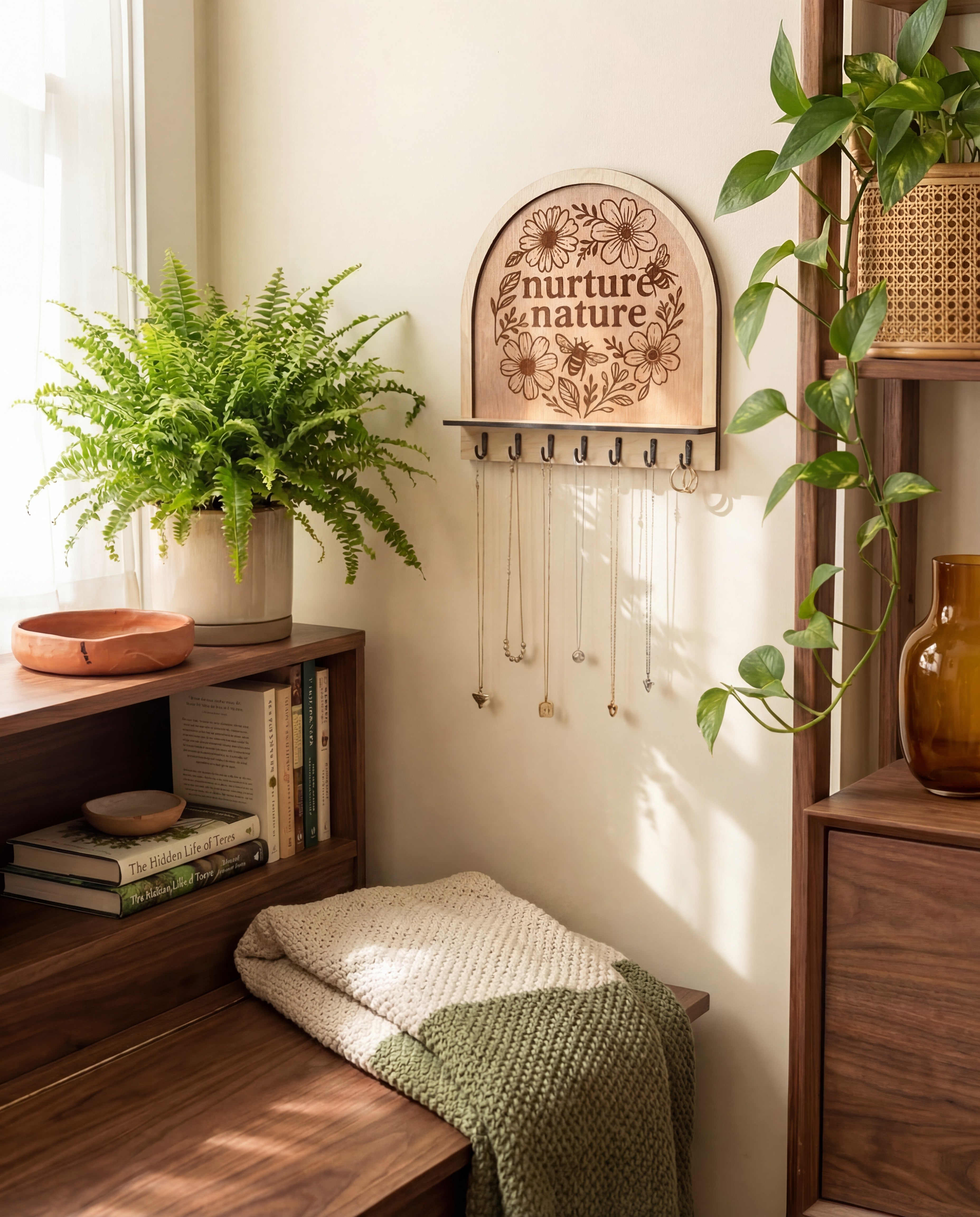 “Nurture nature” wooden wall jewelry organizer with floral engraving, holding necklaces in a plant-filled room.