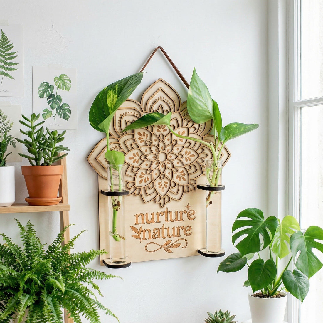 Botanical wood wall-mounted plant propagation station with mandala design and “nurture nature” text, holding two test tubes, surrounded by houseplants.