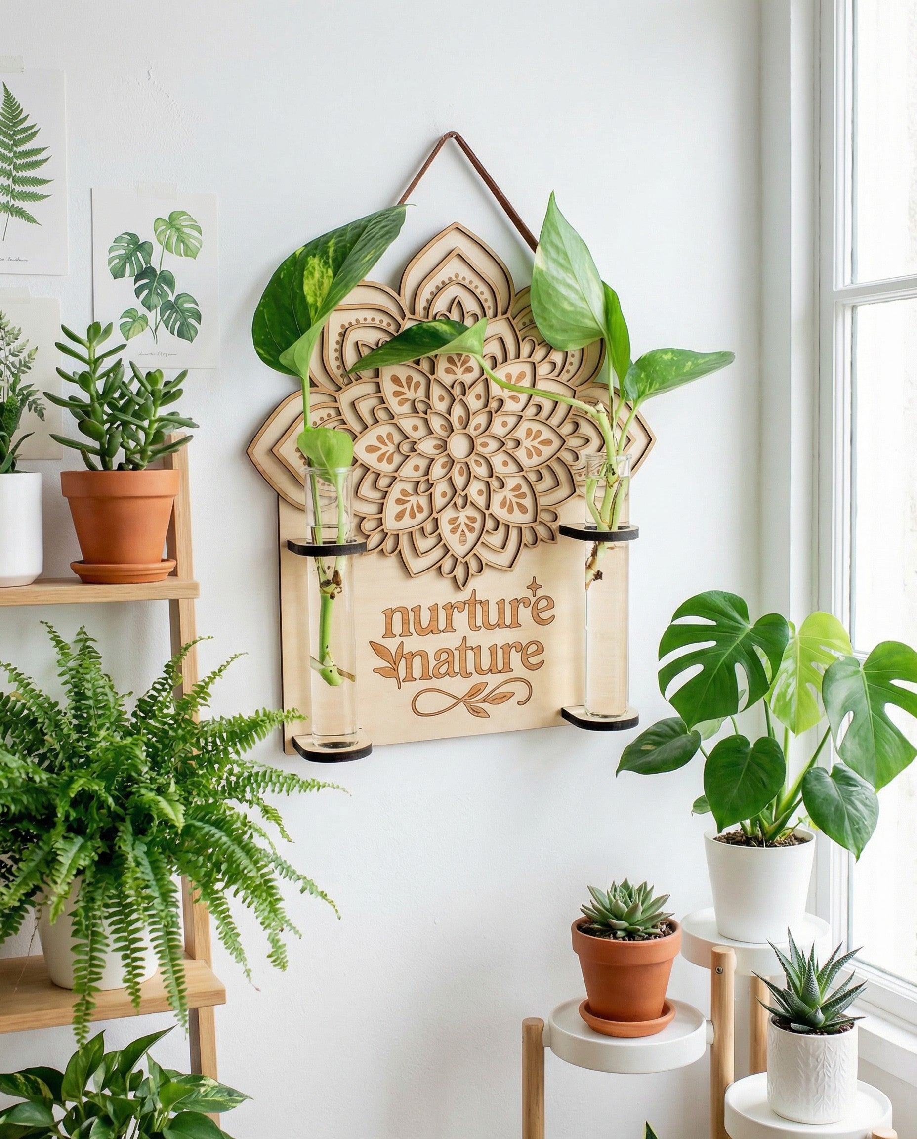 Front view of a laser-cut mandala wall propagation station engraved “nurture nature,” made from layered maple wood and hung with a suede strap, featuring two clear glass vials with pothos cuttings in water, styled as boho plant wall decor among indoor houseplants by a sunny window.
