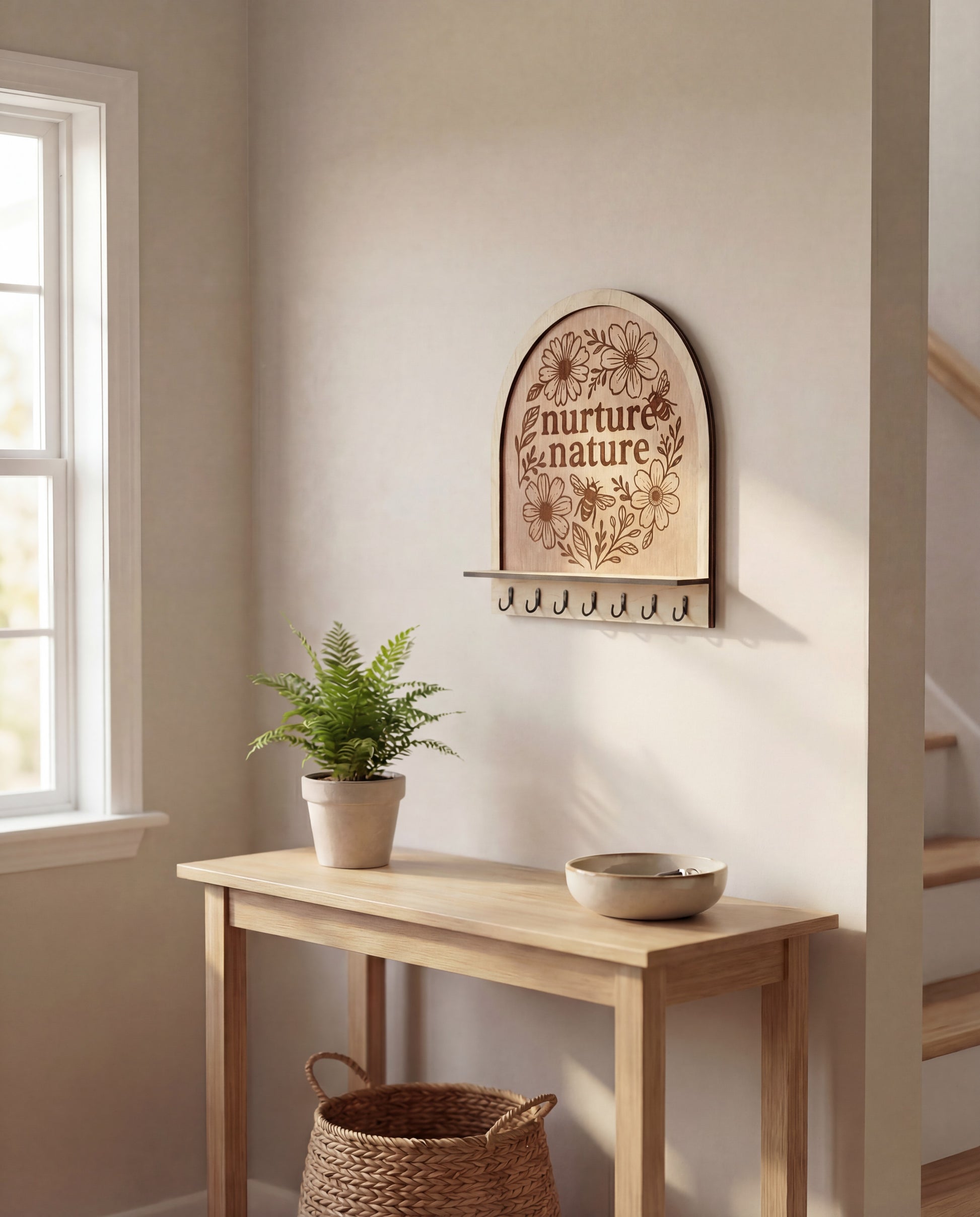 Wooden wall key rack with “nurture nature” engraving and black hooks, displayed above a console table.