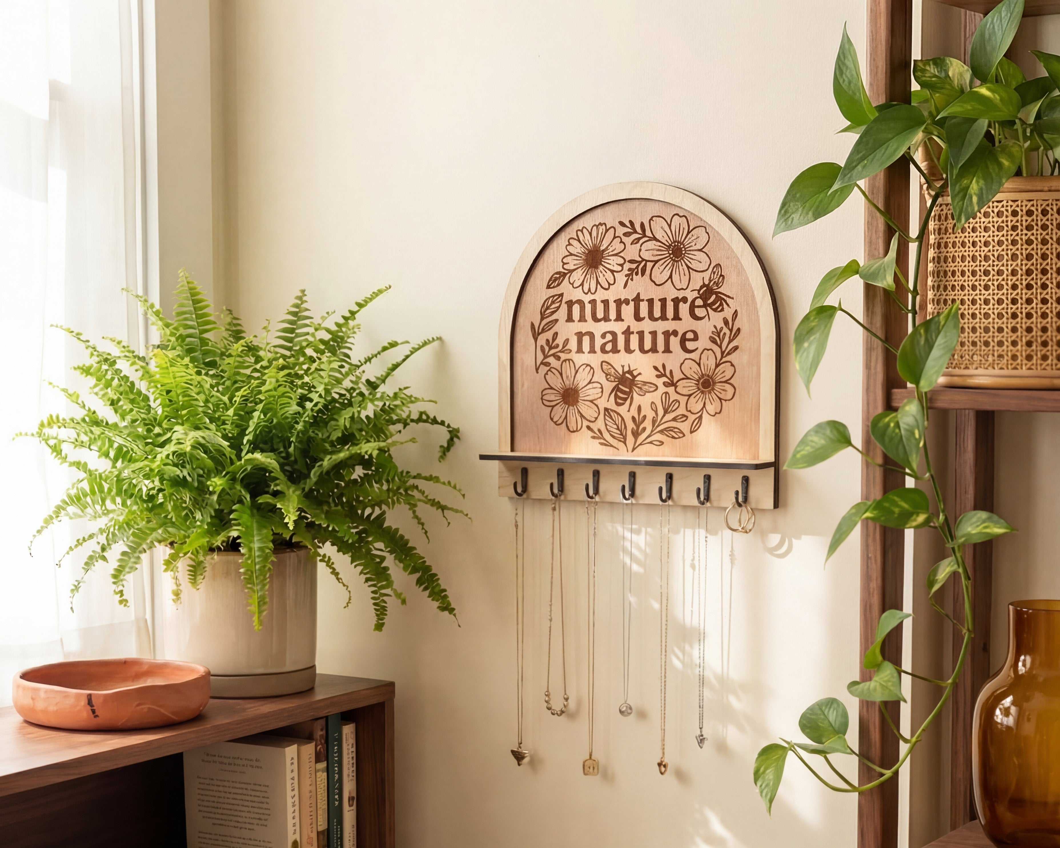 Arched wooden wall hook rack with “nurture nature” floral design, used as a necklace holder beside houseplants.