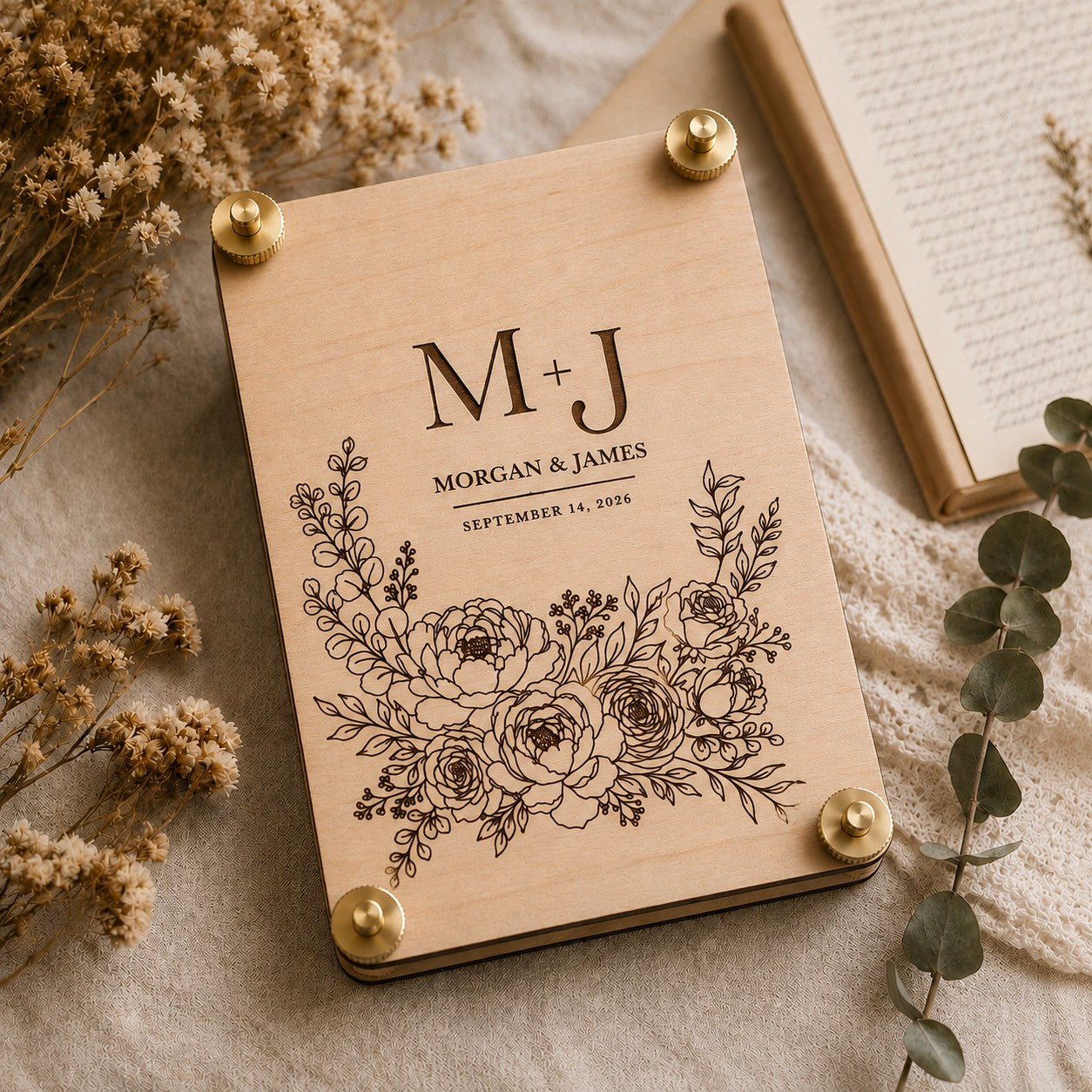 Personalized peony wedding flower press laser-engraved with monogram initials, couple's names, and wedding date on maple wood.