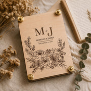 Personalized peony wedding flower press laser-engraved with monogram initials, couple's names, and wedding date on maple wood.