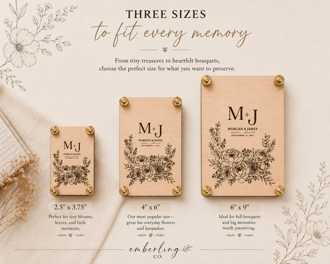 Three personalized wooden keepsake monogram plaques in different sizes labeled 2.5 x 3.