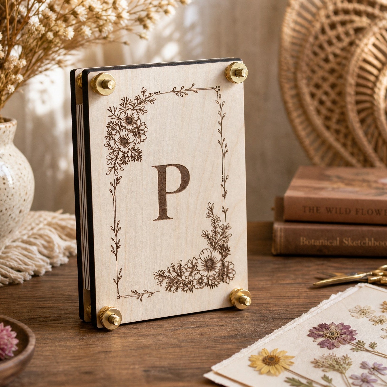 Handmade wooden flower press with laser-engraved monogram letter P and botanical floral corner border standing upright on a warm rustic wood desk, surrounded by dried wildflowers, a ceramic vase, botanical sketchbooks, gold scissors, and a sheet of pressed flowers.