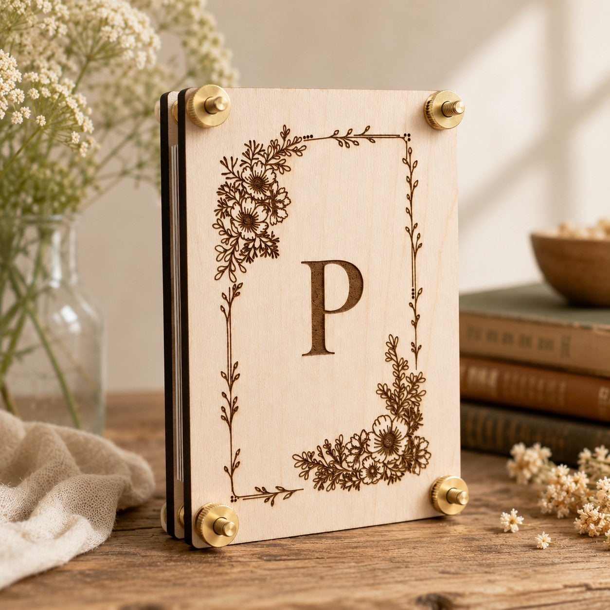 Handmade wooden flower press with laser-engraved monogram letter P and botanical floral corner border with brass wing nut hardware, displayed upright on a warm wood surface alongside a glass vase of baby's breath, vintage books, and scattered dried flowers.