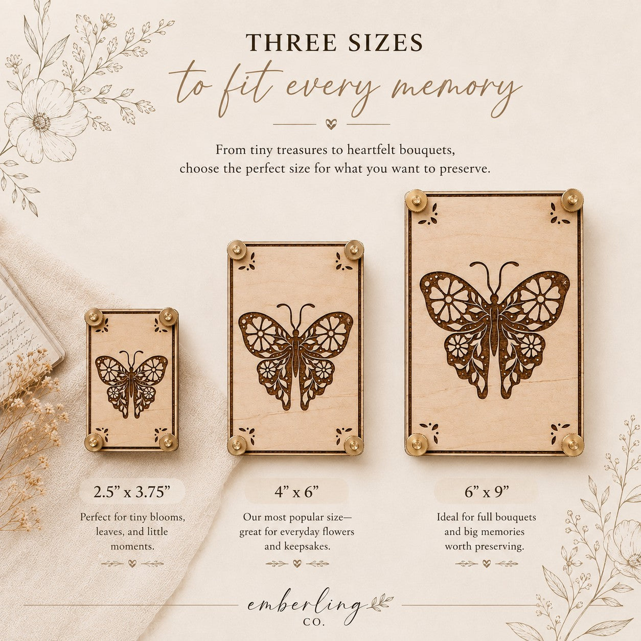 Emberling Co. handmade butterfly laser-engraved wooden flower presses displayed in three sizes side by side — small 2.5x3.75 inches perfect for tiny blooms and leaves, medium 4x6 inches most popular size for everyday flowers, and large 6x9 inches ideal for full bouquets and keepsakes.