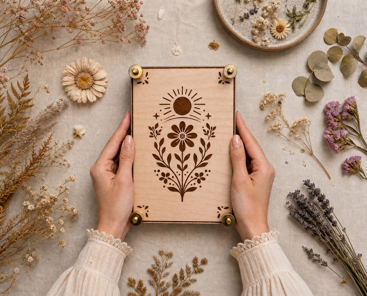 A person holds a square wooden flower press with brass corner hardware and a laser-engraved floral sun design on the lid, surrounded by dried flowers and botanicals on a neutral fabric surface.