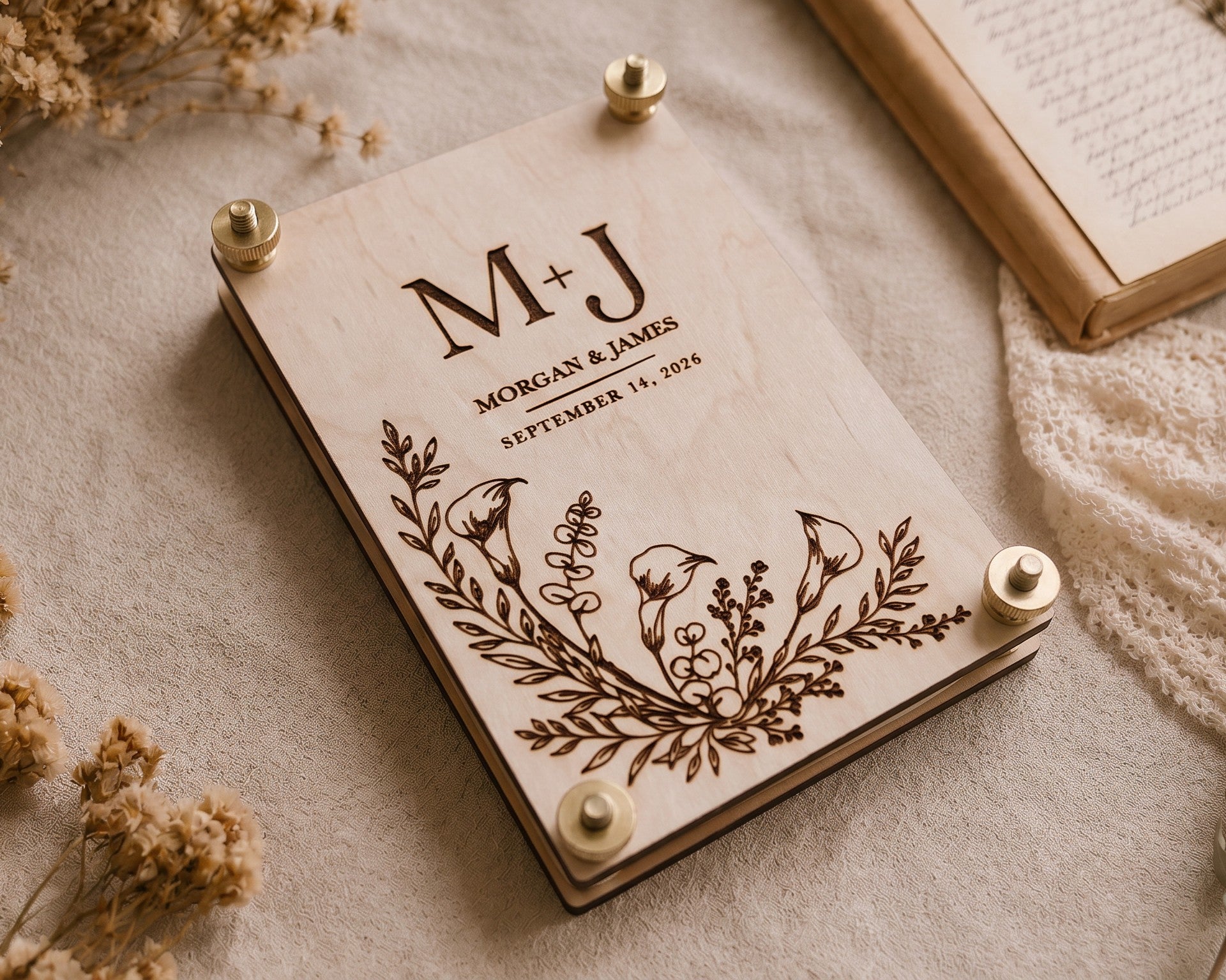 Personalized calla lily wedding flower press laser-engraved with monogram initials, couple's names, and wedding date on maple wood