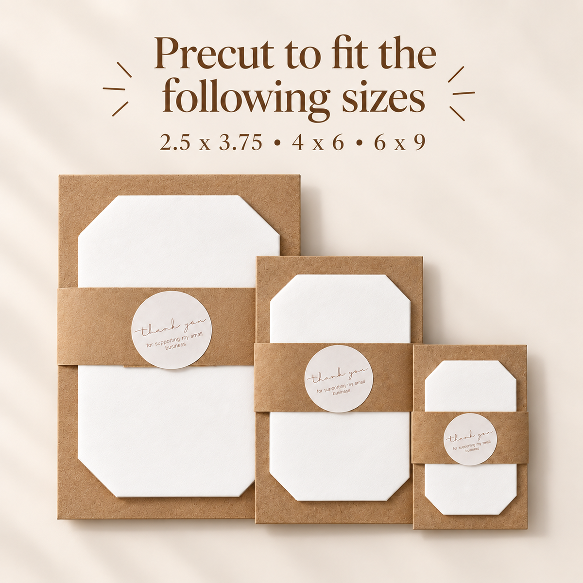 Precut blotting paper sized to fit 2.5 x 3.75, 4 x 6, and 6 x 9 inch Emberling Co flower presses.