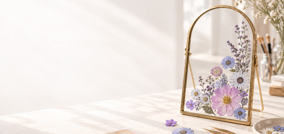 Pressed flower art workshop banner featuring a gold arched glass frame with a pastel pressed flower arrangement, craft tweezers, and floral materials on a table with blank space for text.