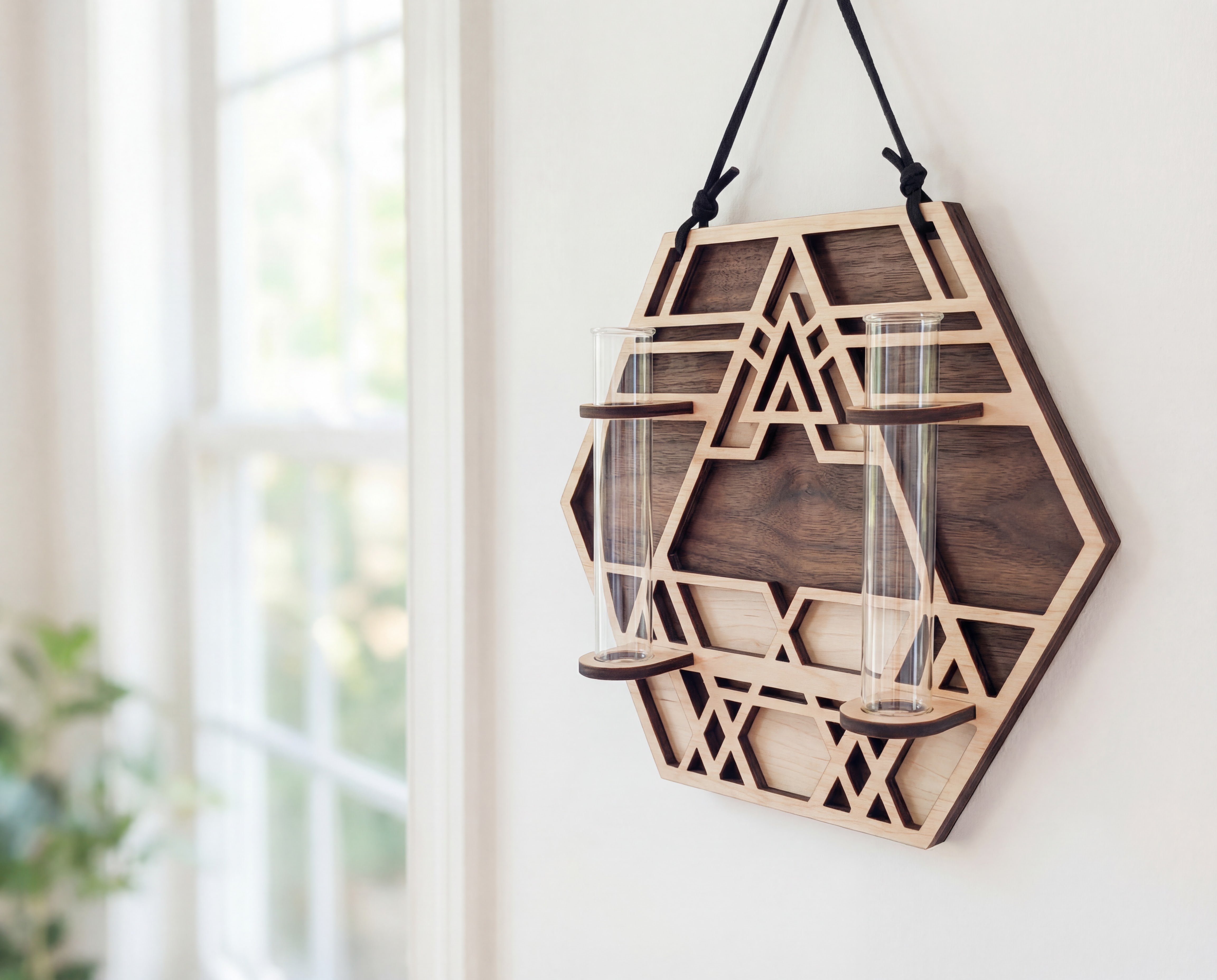 Geometric hexagon wall propagation station in layered maple wood with walnut-toned back layer and sacred geometry cutout design, hanging from a black suede strap and holding two clear glass vials, styled as modern boho wall decor by a bright window.