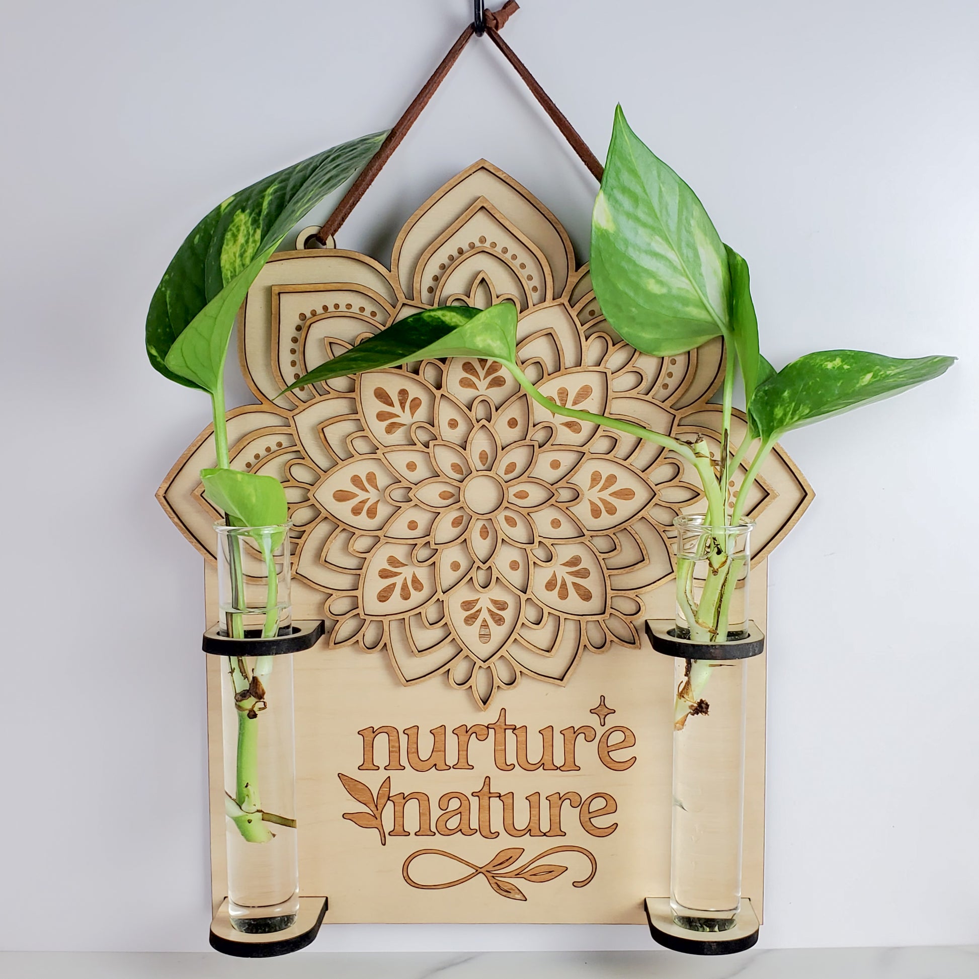 Close-up front view of a layered maple wood mandala wall propagation station with “nurture nature” engraving, suede hanging strap, and two 6.25-inch by 1-inch clear glass vials holding pothos cuttings in water on a white background.