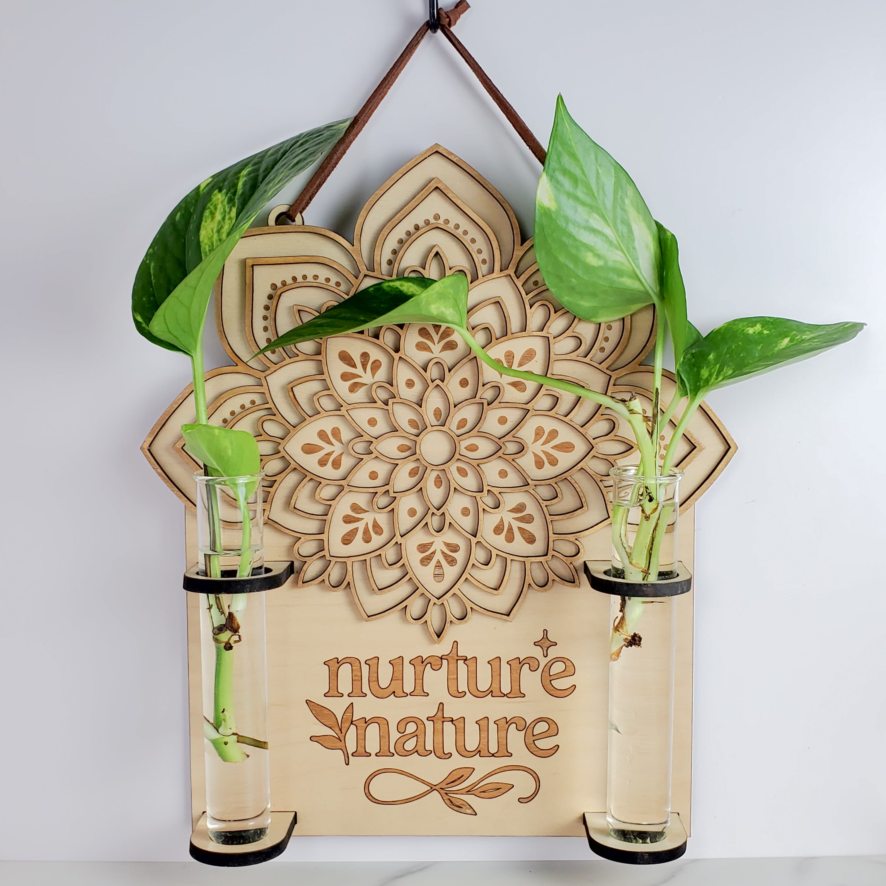 Close-up front view of a layered maple wood mandala wall propagation station with “nurture nature” engraving, suede hanging strap, and two 6.25-inch by 1-inch clear glass vials holding pothos cuttings in water on a white background.