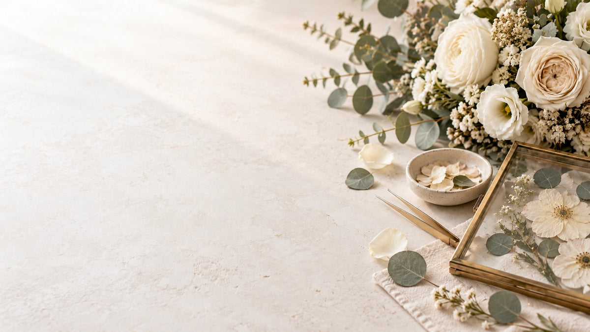A styled floral arrangement with white and cream roses, eucalyptus leaves, baby's breath, a small bowl of petals, and a gold-toned pressed flower frame on a light neutral surface.