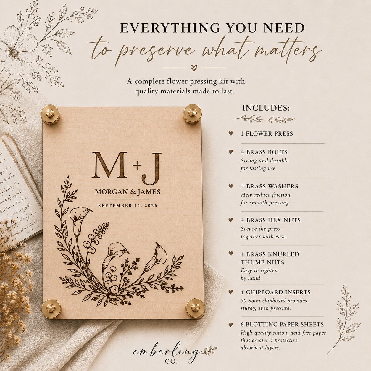 Calla lily wedding flower press kit with brass hardware, chipboard inserts, and acid-free blotting paper — everything included for wedding bouquet preservation