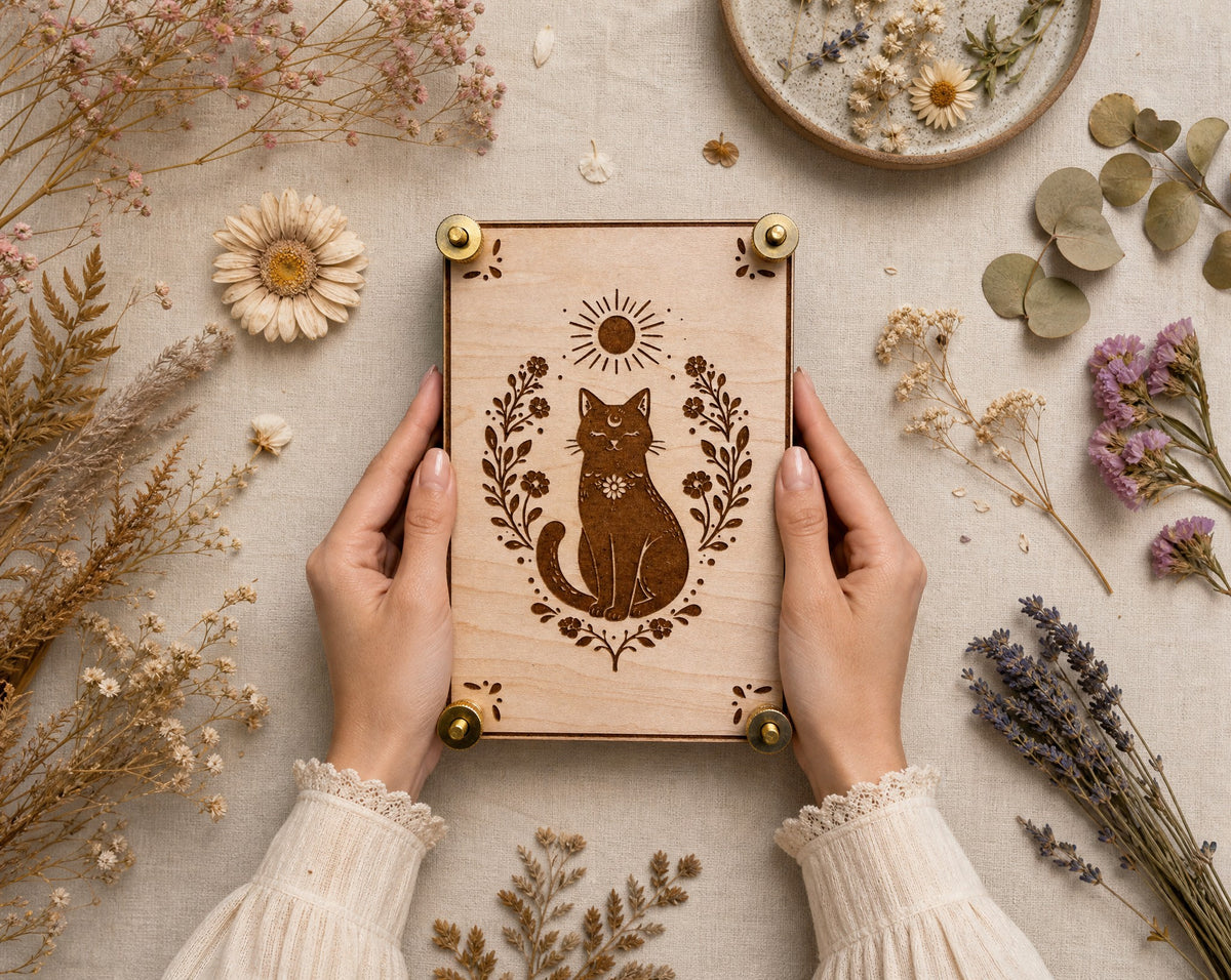 Handcrafted wooden flower press featuring an engraved black cat surrounded by botanical florals and a sun motif, held in two hands and styled on a light background with scattered pressed flowers, leaves, and ferns. Brass hardware secures all four corners.