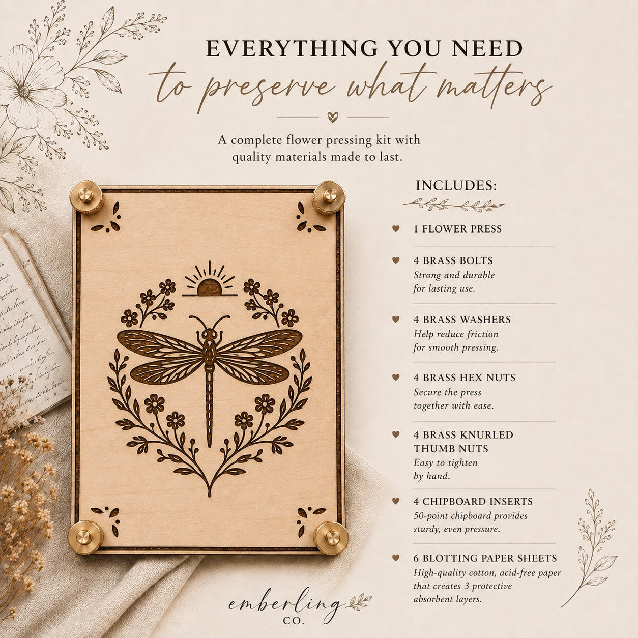 Complete wooden flower press kit with laser-engraved dragonfly design including brass bolts, washers, hex nuts, knurled thumb nuts, chipboard inserts, and blotting paper — everything needed to preserve flowers and botanicals.